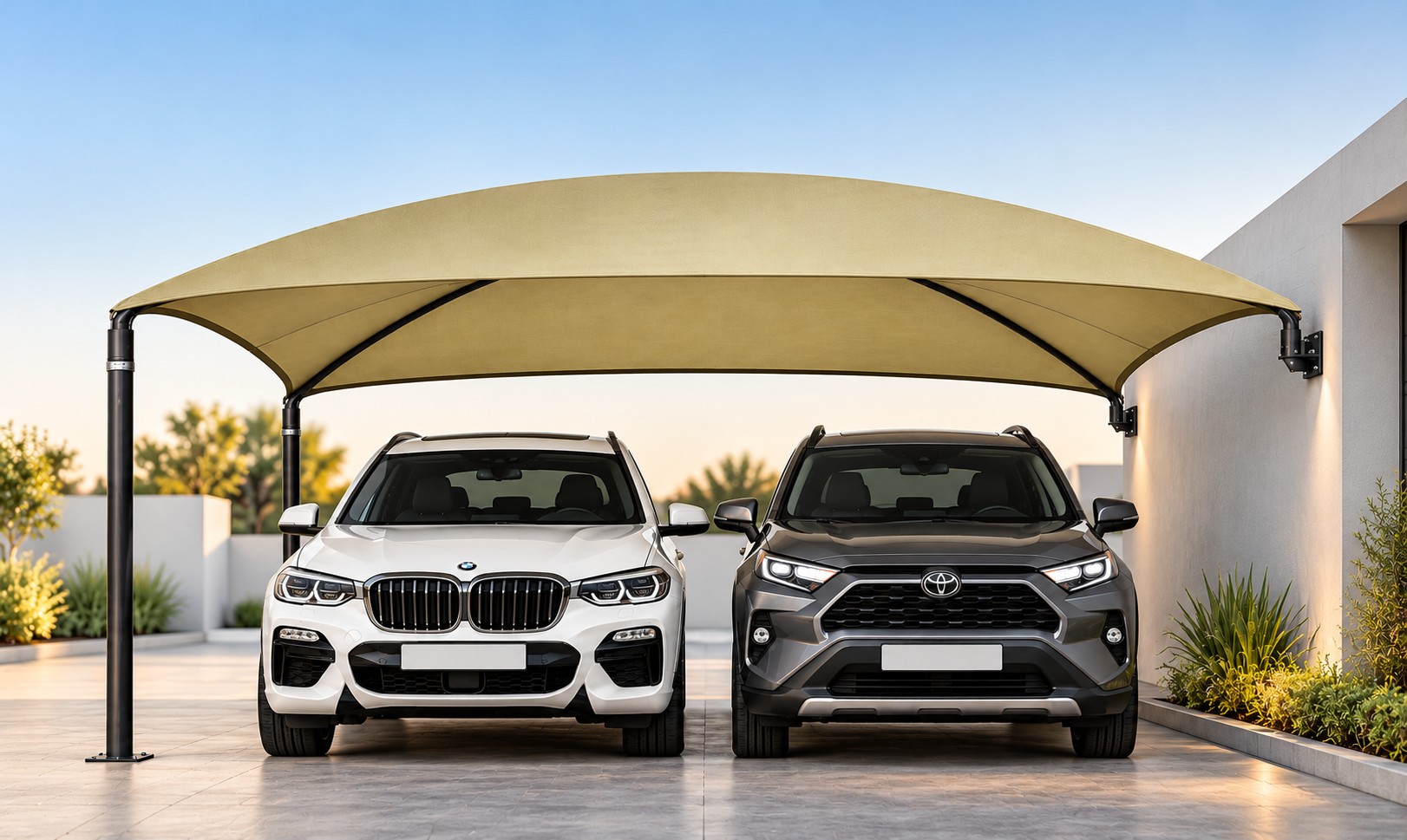Illustration of a double-bay canopy sheltering two SUVs