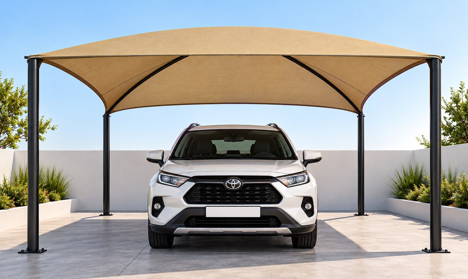 Single vehicle under a tan carport canopy