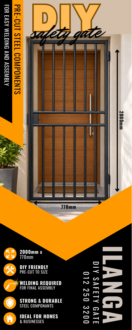 Ilanga pre-cut DIY safety gate product sheet showing a standard 2000 mm by 770 mm gate